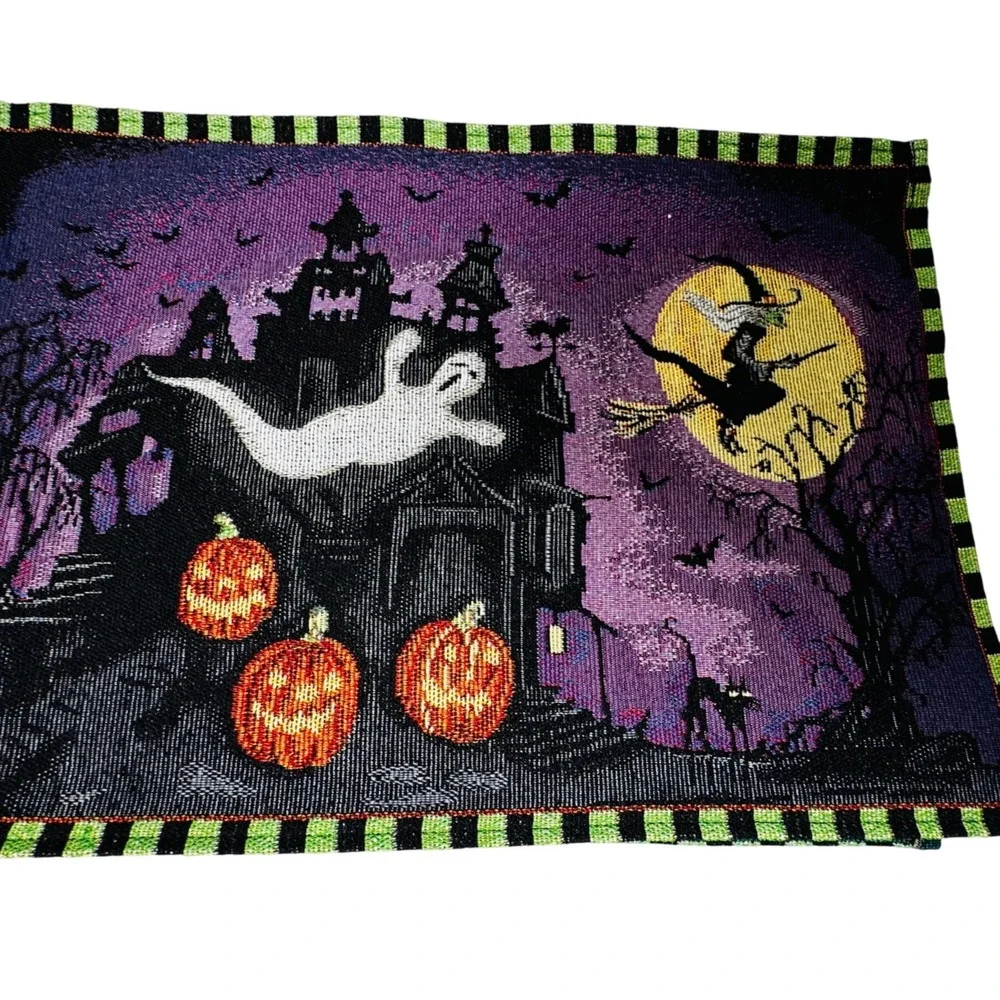 Halloween Haunted House Ghost Witch Moon Woven Tapestry Table Runner 72x13